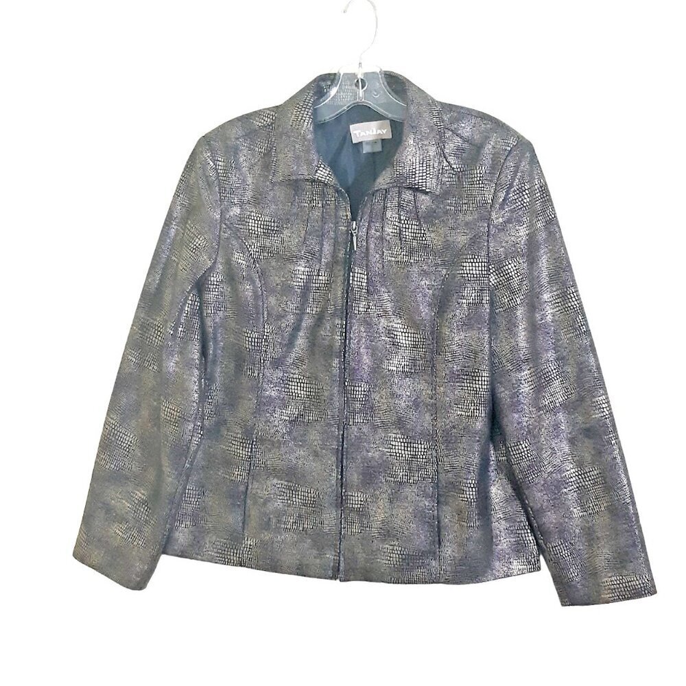 Womens Vintage Blazer Jacket Snakeskin Full Zip Size 12 Metallic Silver